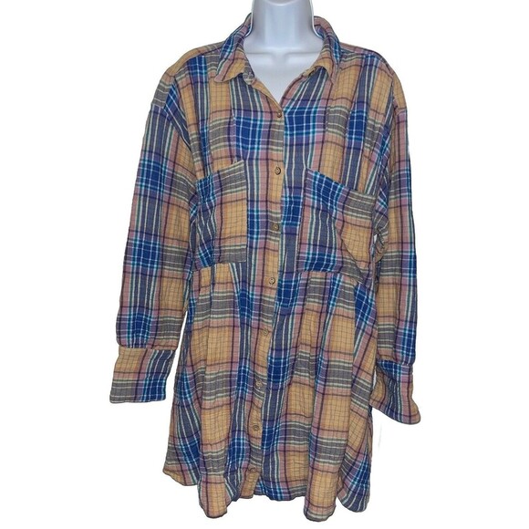 Free People (L) Voyage Shirtdress Plaid Gauzy textured in Sunrise Combo Pockets - Picture 3 of 16
